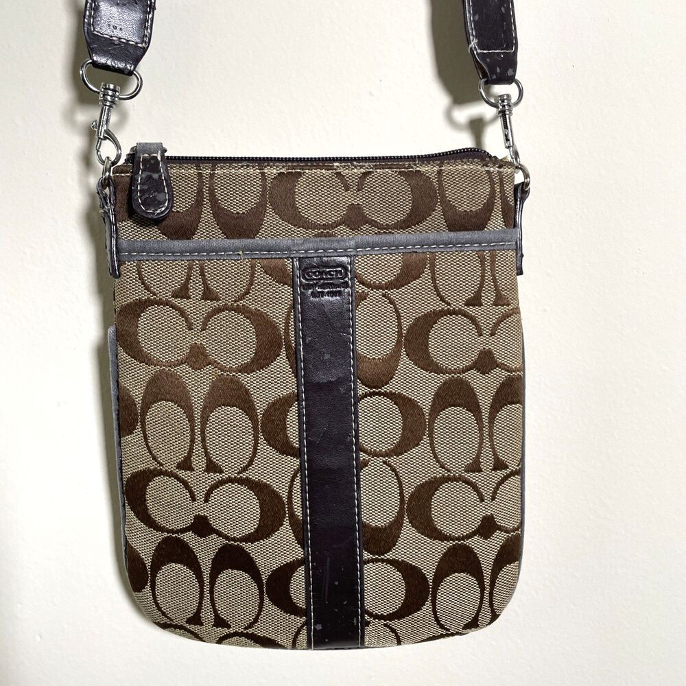 Coach Womens Small Canvas Signature Logo Crossbody Bag Classic Brown Zip Purse - Picture 2 of 10
